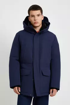 Пуховое полупальто с накладными карманами и капюшоном