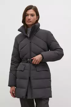 Стеганый пуховик с поясом и капюшоном