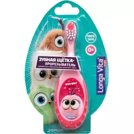 Детская зубная щетка-прорезыватель, 0+, Angry Birds, розовая, Longa Vita