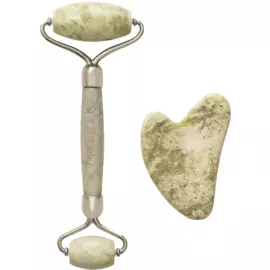 Набор: роллер-массажер для лица PREMIUM + СЕРДЦЕ из нефрита, мраморный рисунок, MARBELLA