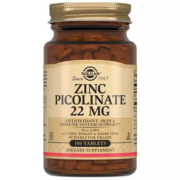 Пиколинат цинка, 22 мг, 100 таблеток, Solgar