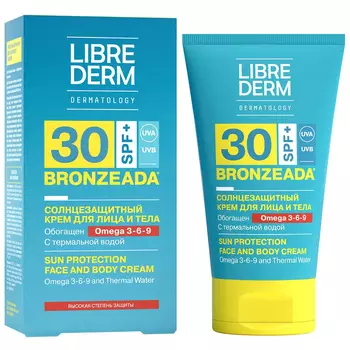 Солнцезащитный крем с Омега 3-6-9 и термальной водой SPF30, BRONZEADA, 150 мл, Librederm