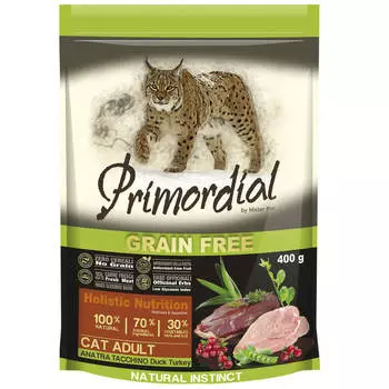 Сухой корм для кошек беззерновой, утка, индейка, 400 г, PRIMORDIAL