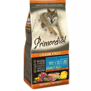 Сухой корм для собак беззерновой, форель, утка, 2 кг, PRIMORDIAL