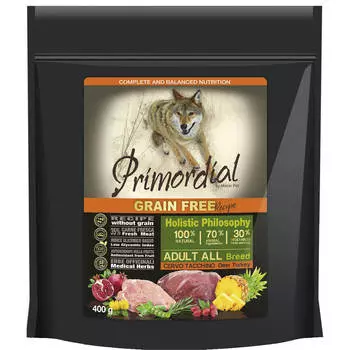 Сухой корм для собак беззерновой, оленина, индейка, 400 г, PRIMORDIAL
