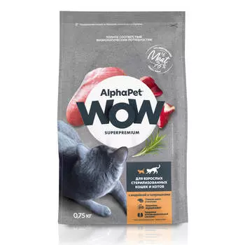 SUPERPREMIUM 750 г, сухой корм для взрослых стерилизованных кошек и котов с индейкой и потрошками, ALPHAPET WOW