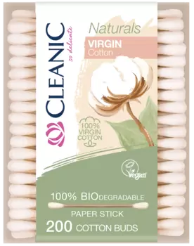 Ватные палочки из натурального хлопка, Naturals Vigin Cotton, 200 шт, CLEANIC