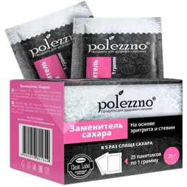 Заменитель сахара с экстрактом стевии в саше, 25 пакетов по 1 г, polezzno