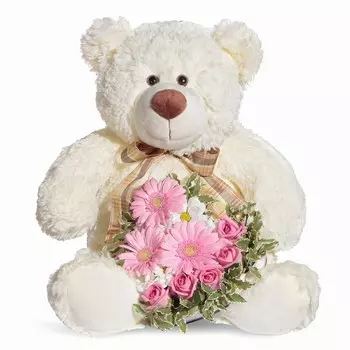 Мишка и сердечко: Розы и герберы