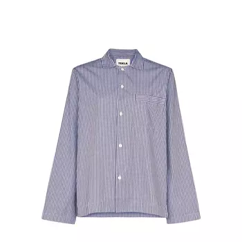 Tekla Tekla Poplin Pyjamas Shirt Blue & Brown Striped (M)