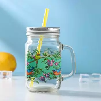 Банка Пташки 450 мл, с ручкой, крышкой и трубочкой