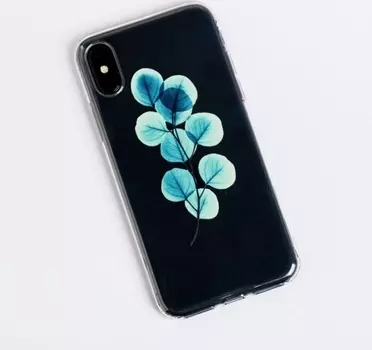 Чехол-накладка Силиконовая для телефона iPhone X/XS прозрачный с бирюзовой веточкой листики