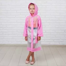 Дождевик детский для девочки на Кнопках, капюшон на завязках, розовый-прозрачный