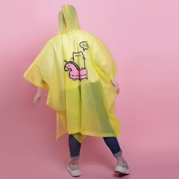 Дождевик - пончо жёлтый с рисунком Котик "Мяу" универсальный размер 150 х 150 см