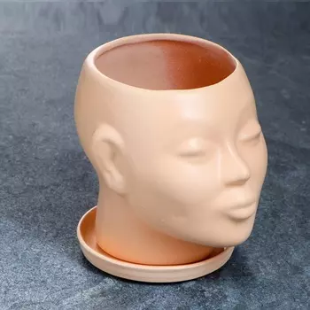 Фигурное кашпо горшок для цветов "Голова" 15 см бежевый