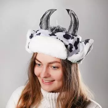 Карнавальная шапочка ушанка коровка блестящие рога