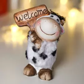 Керамический Бычок Пушистик с чёлочкой с табличкой Welcome чёрно-белый