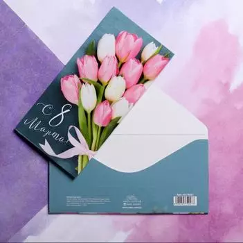 Конверт для денег «С 8 марта» букет тюльпанов, 16,5 х 8 см