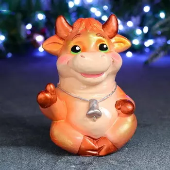 Копилка "Бычок с лапкой класс и колокольчик" символ 2021 года рыжий 19 см