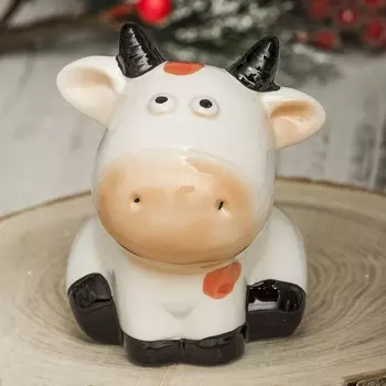 Копилка керамическая Бычок "Му-мушкин" с рогами и рыжим пятном