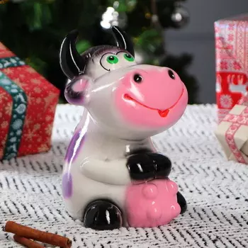 Копилка "Коровка Лолли" глянец, бело-сиреневая , высота 21 см символ 2021 года