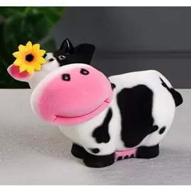 Копилка "Коровка Зорька с подсолнухом" цвет бело-черный, флок символ 2021 года бычок