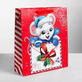 Красный новогодний пакет ламинированный вертикальный «Почта мышки»