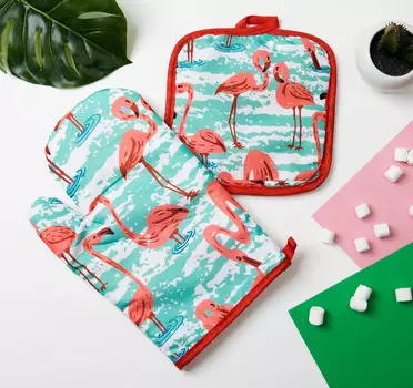 Кухонный набор Фламинго прихватка 16*16 см, рукавица 25*16 см