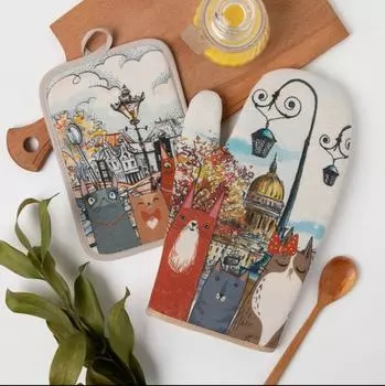 Кухонный набор рукавица и прихватка Питерские коты 14х22 см хлопок