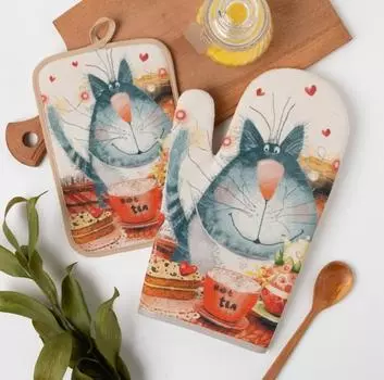 Кухонный набор рукавица и прихватка В гостях у кота 14*22 см хлопок