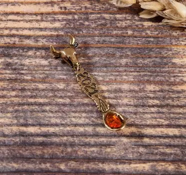 Ложка-загребушка новогодняя 2021 подарочная "Бык", латунь, янтарь