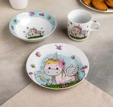 Набор детской посуды «Единорожка», 3 предмета: кружка 250 мл, миска 400 мл, тарелка 18 см