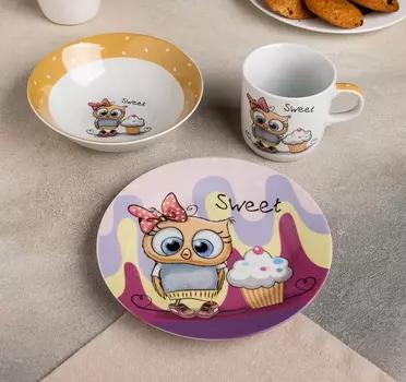 Набор детской посуды «Совёнок», 3 предмета: кружка 250 мл, миска 400 мл, тарелка 18 см