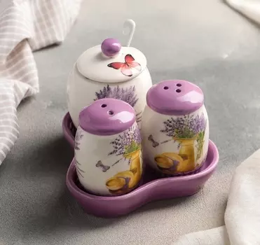 Набор для специй «Душистая лаванда», 3 шт: солонка, перечница, сахарница с ложкой