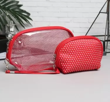 Набор косметичек 2 в 1, отдел на молнии, цвет красный "Очаровательный горошек"