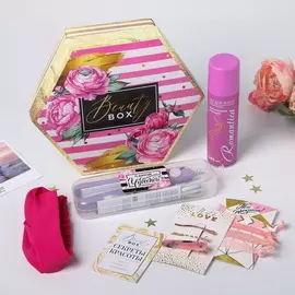 Набор подарочный для девушки BeatyBox: щипцы-гофре мини для волос, лак для волос, резинки для волос, заколки для волос, повязка для волос, буклет секреты красоты