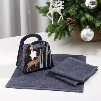 Набор полотенец в корзинке «Олень в лесу» 30х30 см, 2 шт Серые