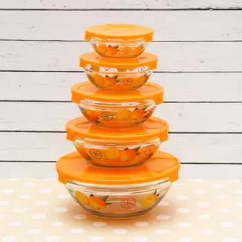 Набор стеклянных салатников с крышками 5 шт Оранжевый с апельсинами