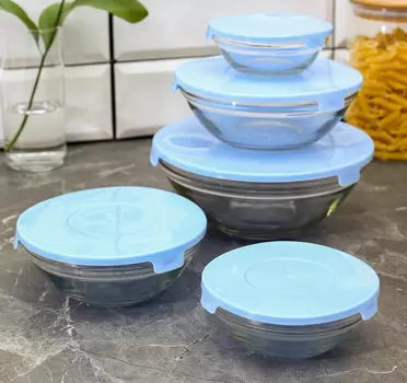 Набор стеклянных салатников с крышками 5 шт Голубые