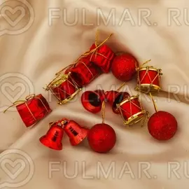 Набор украшений пластик 11 шт "Красный" (3 подарка, 2 колокол, 3 шара, 3 барабана)