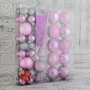 Набор украшений пластик с верхушкой 42 шт "Розовые мечты" (40 шаров, мишура, верхушка)
