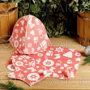 Набор в баню женский с термопечатью 3 элемента: шапка, коврик, рукавица цвет: розовый