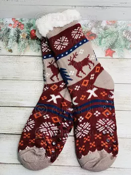 Носки домашние женские Устюг антискользящие новогодние (бордовые-бежевые)