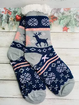 Носки домашние женские Устюг антискользящие новогодние (синие-серые)