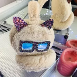 Ободок на уши Плюшевый с блёстками Котик в очках (цвет: Молочный)