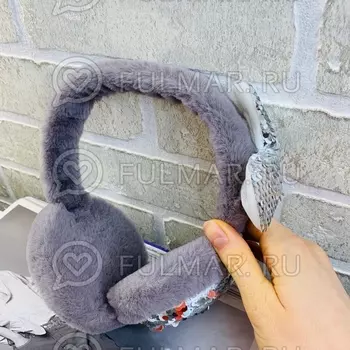 Ободок на уши Плюшевый Серый зимний складной детский с бантом и двусторонними пайетками Серебристый-Зеркальный