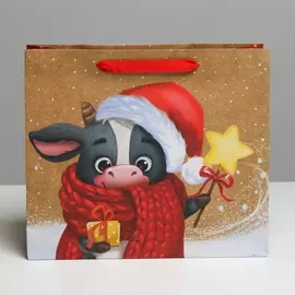 Пакет крафтовый горизонтальный Новогодний символ Бычок в шапочке 2021 год