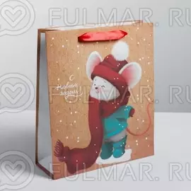 Пакет крафтовый вертикальный С Новым Годом Милый Мышонок 23 27 8 см