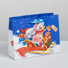 Пакет ламинированный горизонтальный «Новогодние сани с мышами» 23 18 8 см цвет: синий-белый