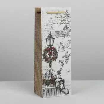 Пакет под бутылку белый Новогодний сюжет фонарь 13 36 10 см